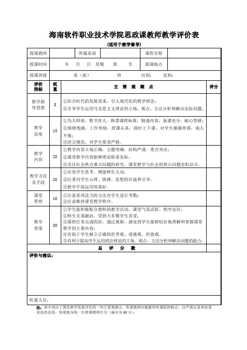 海南软件职业技术学院思政课教师教学评价表