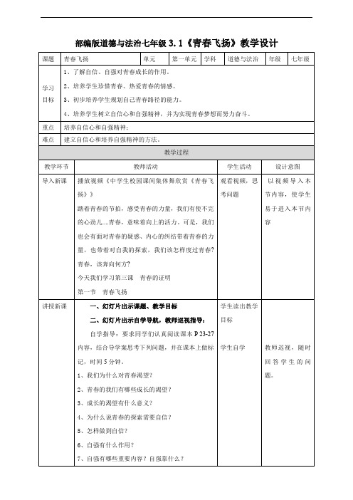 人教部编版七年级道德与法治下册《青春飞扬》教案