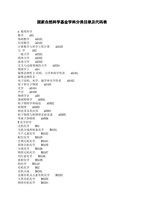 国家自然科学基金学科分类目录及代码表