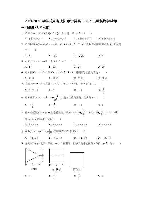 2020-2021学年甘肃省庆阳市宁县高一(上)期末数学试卷 (解析版)