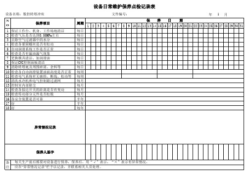 数控转塔冲床日常维护保养点检记录表