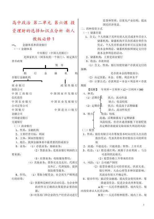 高中政治 第二单元 第六课 投资理财的选择知识点分析 新人教版必修1