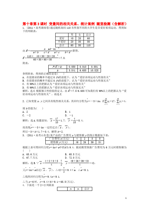 高考数学总复习 第十章第3课时 变量间的相关关系、统计案例随堂检测(含解析)