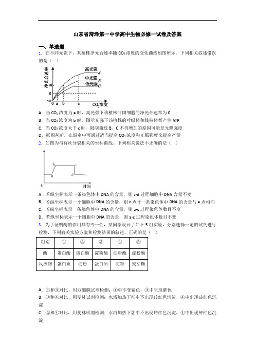 山东省菏泽第一中学高中生物必修一试卷及答案