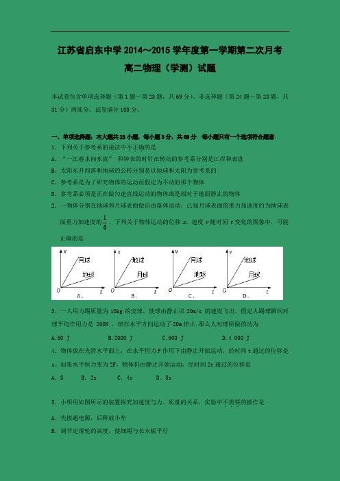 高二物理上学期期中-南通中学2014-2015学年高二上学期期中物理试题及答案