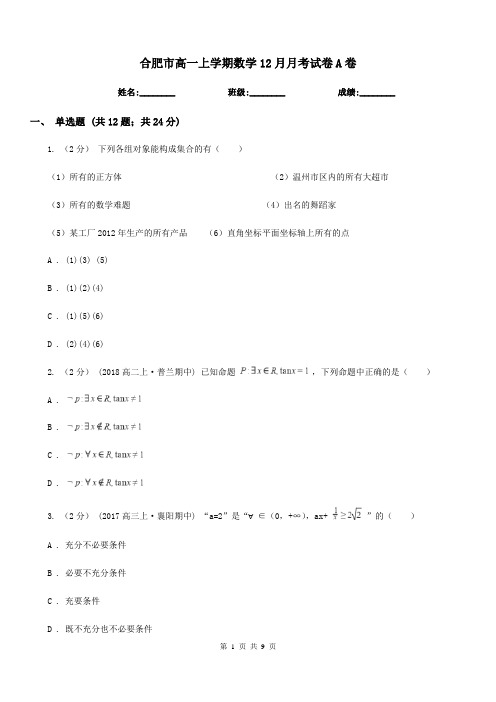 合肥市高一上学期数学12月月考试卷A卷