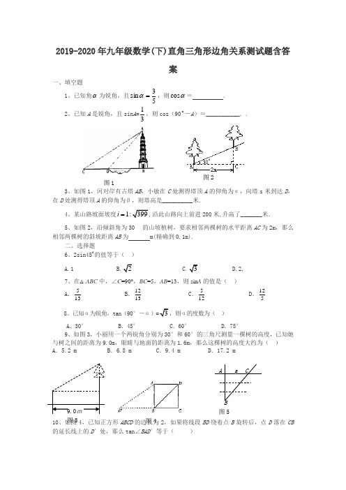 2019-2020年九年级数学(下)直角三角形边角关系测试题含答案