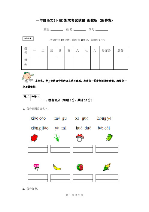 一年级语文(下册)期末考试试题 湘教版 (附答案)