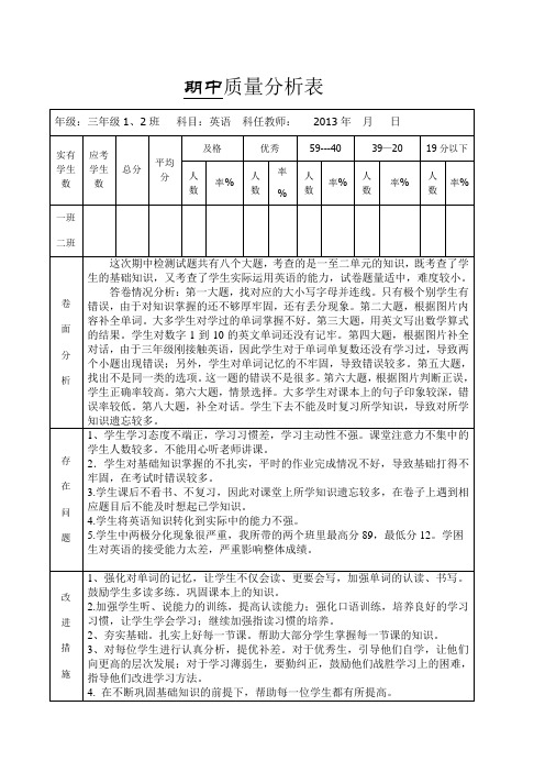 三年级期中质量分析表