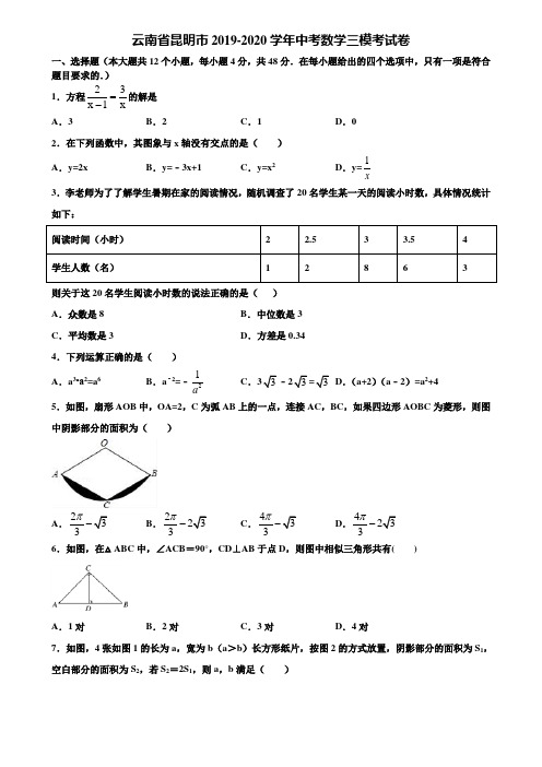 云南省昆明市2019-2020学年中考数学三模考试卷含解析