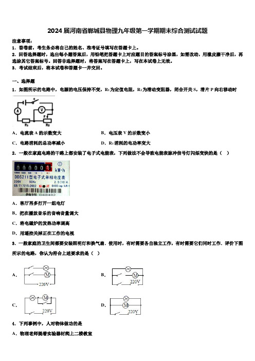 2024届河南省郸城县物理九年级第一学期期末综合测试试题含解析