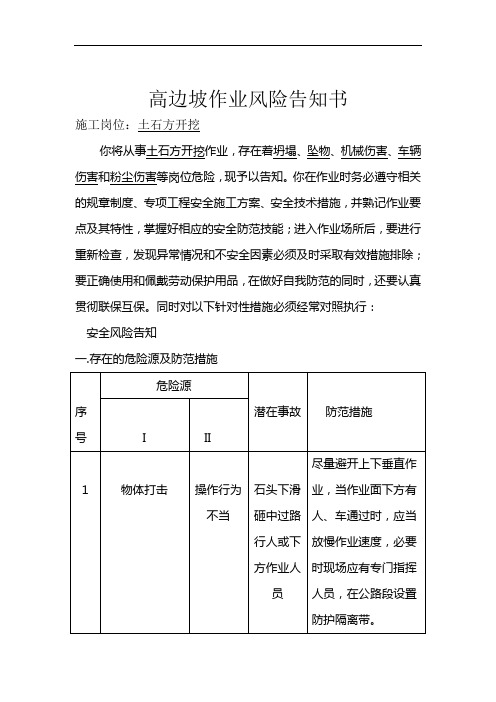 岗位危险书面告知书-石方开挖