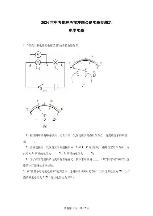 2024年中考物理考前冲刺必刷实验专题之电学实验