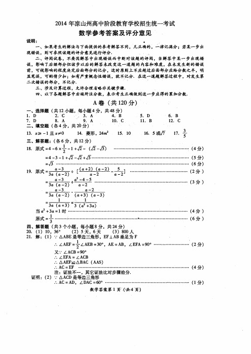 2014年四川省凉山州中考 数学答案