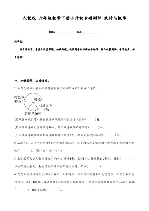 人教版六年级数学下册小升初专项测评统计与概率(含答案)