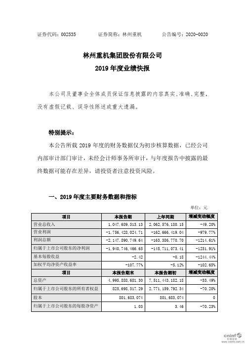 林州重机：2019年度业绩快报