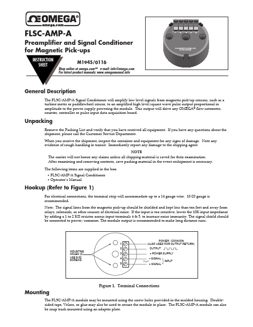 OMEGA FLSC-AMP-A 磁性传感器信号条件器说明书