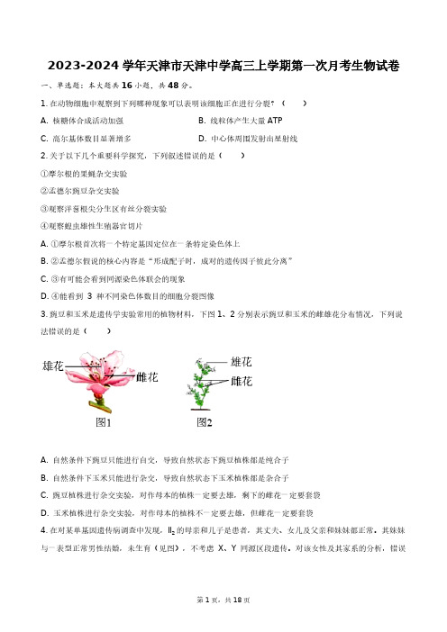 2023-2024学年天津市天津中学高三上学期第一次月考生物试卷+答案解析(附后)