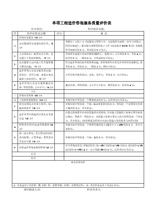 单项工程造价咨询服务质量评价表