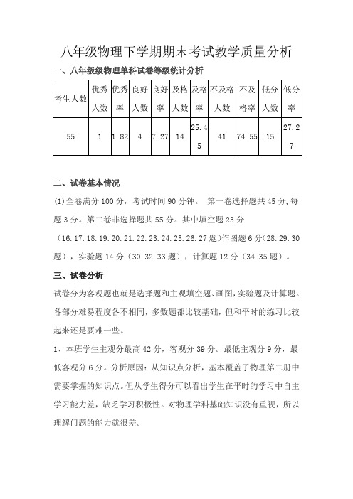 八年级物理下学期期末考试教学质量分析