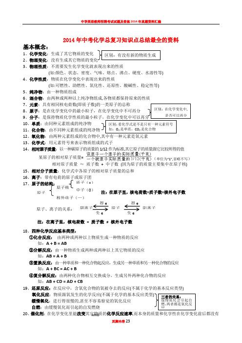 2014年中考化学总复习知识点总结最全的资料