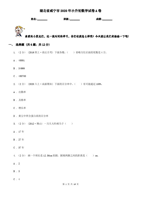 湖北省咸宁市2020年小升初数学试卷A卷