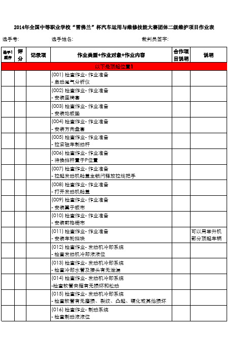 2014年中职国赛汽车二级维护作业表