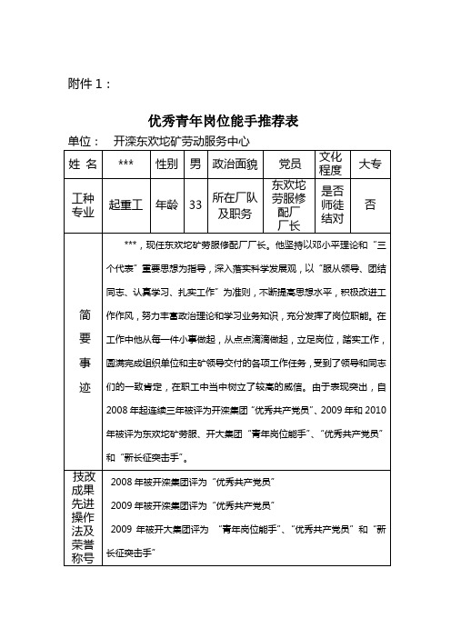 优秀青年岗位能手推荐表及事迹材料