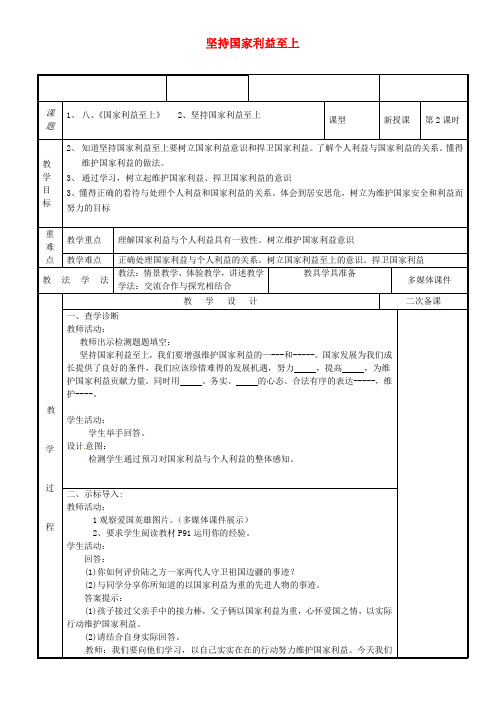 人教版2020八年级道德与法治上册 第四单元 维护国家利益 第八课 国家利益至上 第2框 坚持国家利益至上教案 