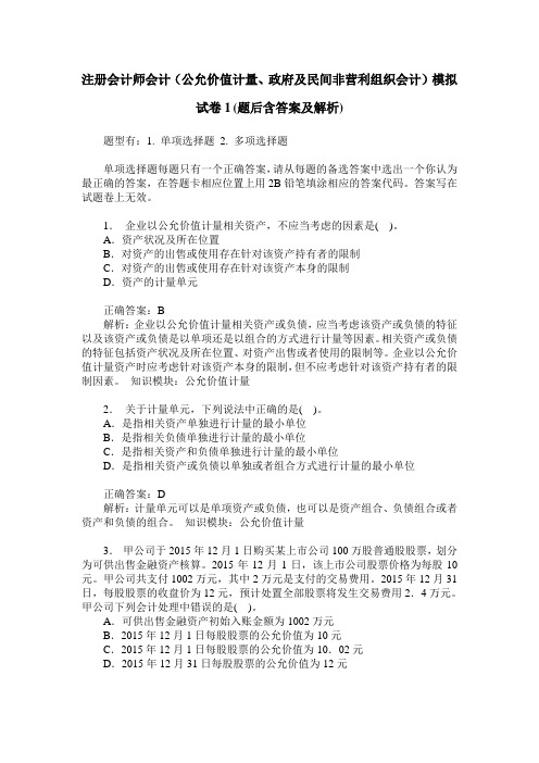 注册会计师会计(公允价值计量、政府及民间非营利组织会计)模拟