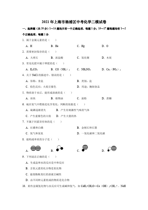 2021年上海市杨浦区中考化学二模试卷(解析版)