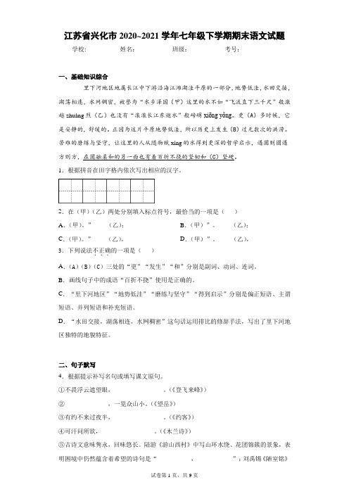 江苏省兴化市2020_2021学年七年级下学期期末语文试题(含答案解析)