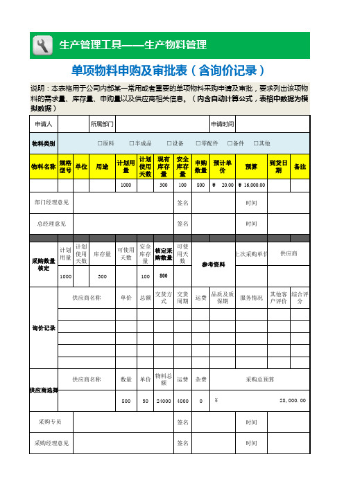 单项物料申购及审批表