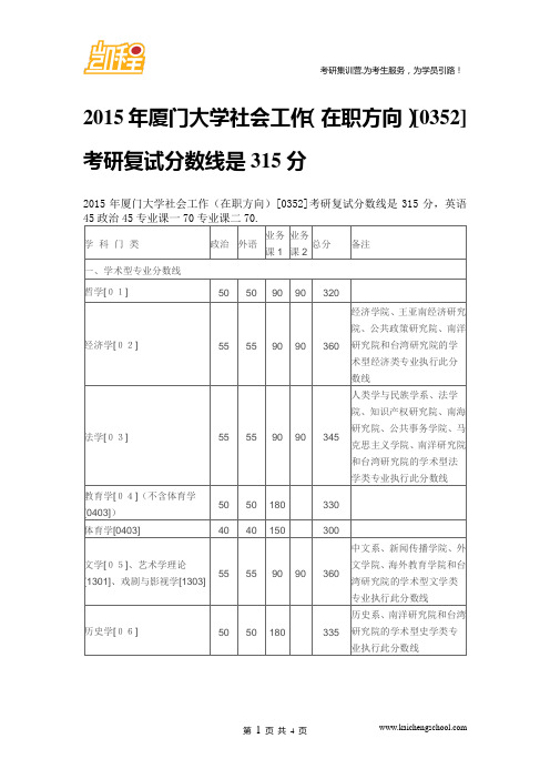 2015年厦门大学社会工作(在职方向)[0352]考研复试分数线是315分