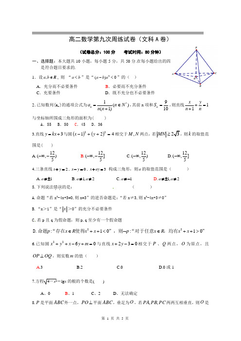 高二下学期数学第九次周练试卷(文科A卷)含答案