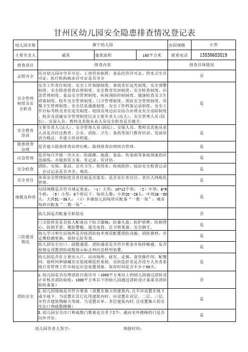 幼儿园安全隐患排查整治排查表