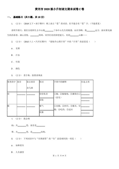 黄冈市2020版小升初语文期末试卷C卷(新版)