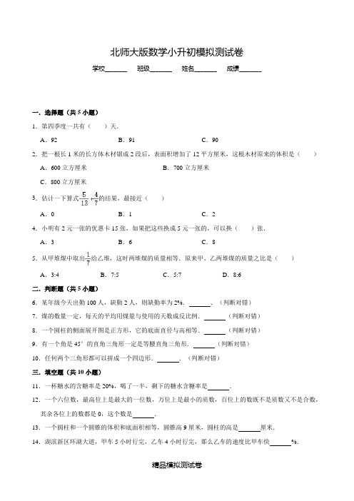 北师大版数学六年级小升初冲刺模拟试卷附答案