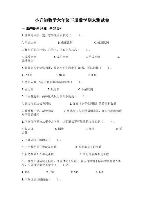 小升初数学六年级下册数学期末测试卷附参考答案(模拟题)