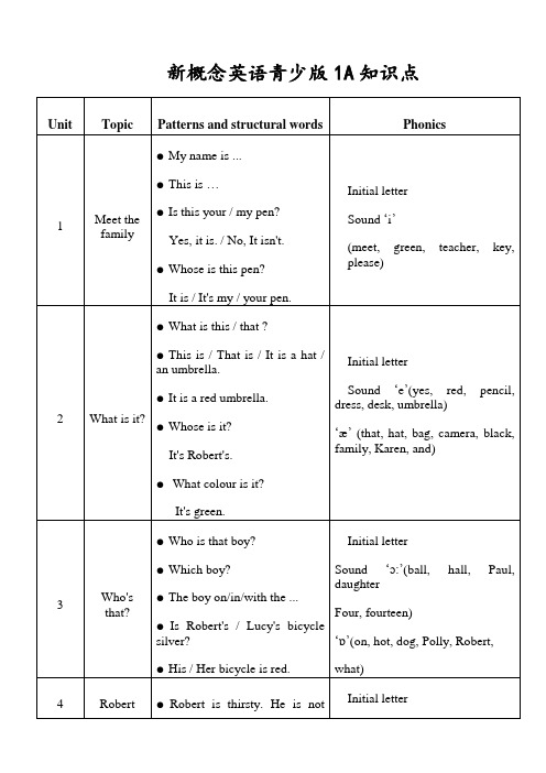 新概念英语青少版-1A知识点英文版
