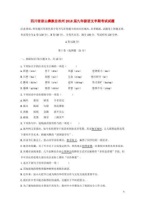 四川省凉山彝族自治州2018届九年级语文半期考试试题新人教版201801101102