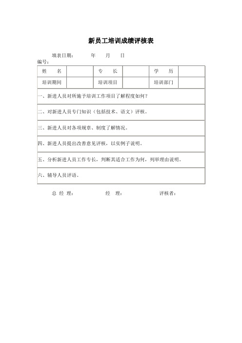 人力资源管理全攻略-新员工培训成绩评核表