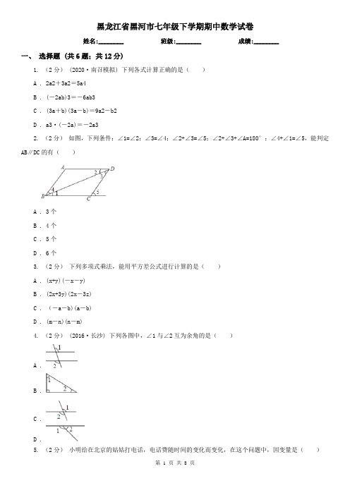 黑龙江省黑河市七年级下学期期中数学试卷