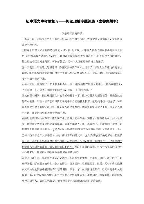 初中语文中考总复习阅读理解专题训练《父亲那只寂寞的手》(含答案解析) - 副本 (13)