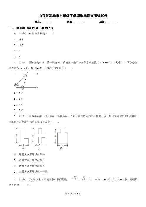 山东省菏泽市七年级下学期数学期末考试试卷