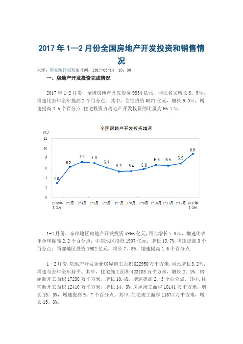 2017年1-2月份全国房地产开发投资和销售情况