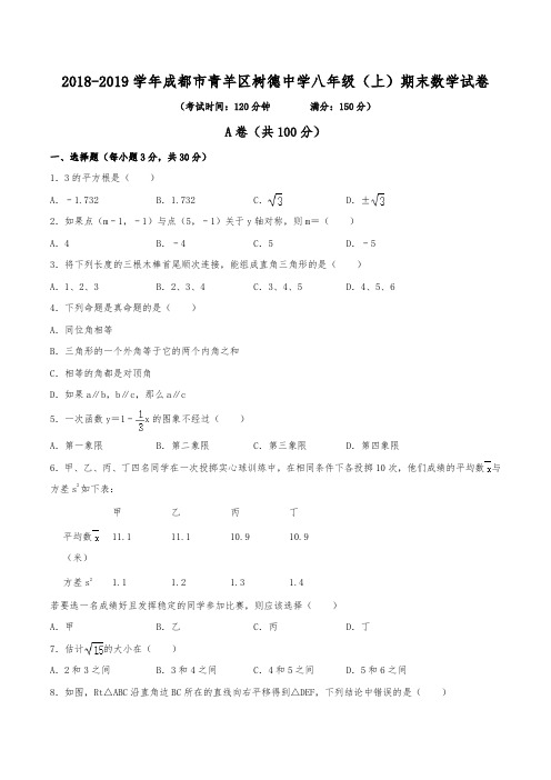 2018-2019学年成都市青羊区树德中学八年级(上)期末数学试卷(含解析)