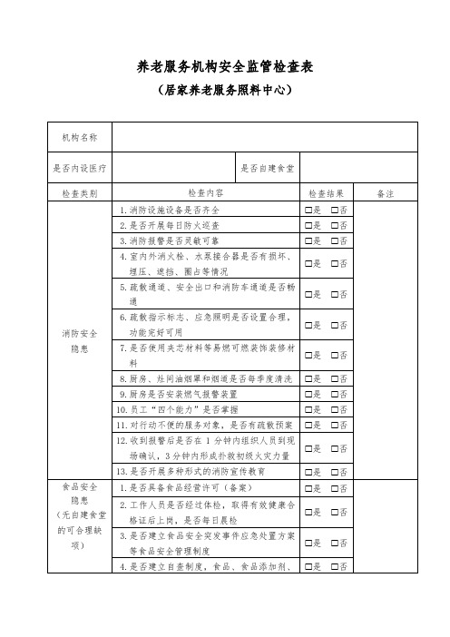 养老服务机构安全监管检查表(居家养老服务照料中心)