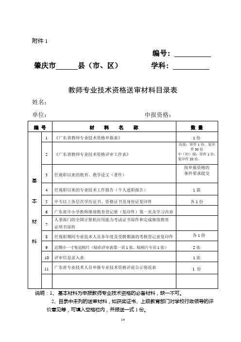 教师专业技术资格送审材料目录表