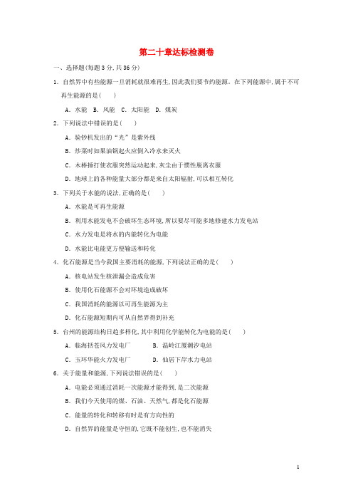 九年级物理下册第二十章能源与能量守恒定律达标检测卷新版粤教沪版